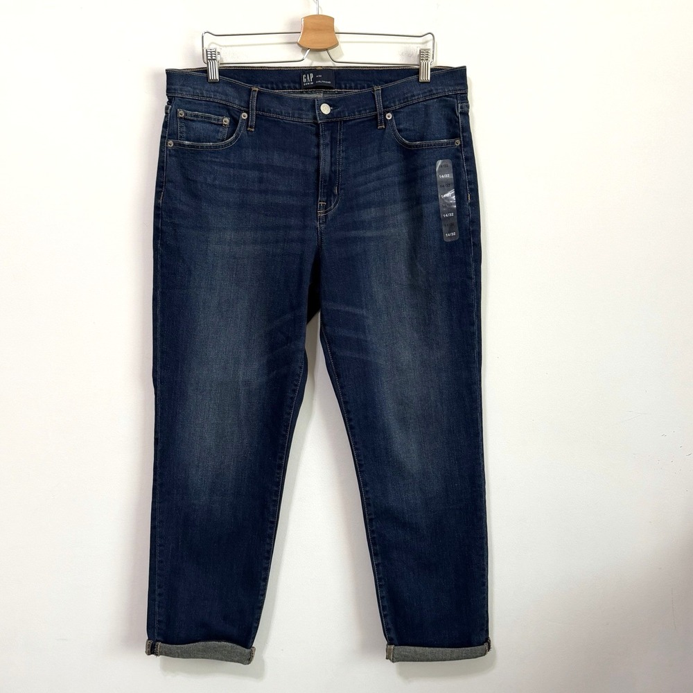 Gap Womens Girlfriend Jeans 14/32 Blue Rolled Crop Cuff Stretch High Rise NWOT